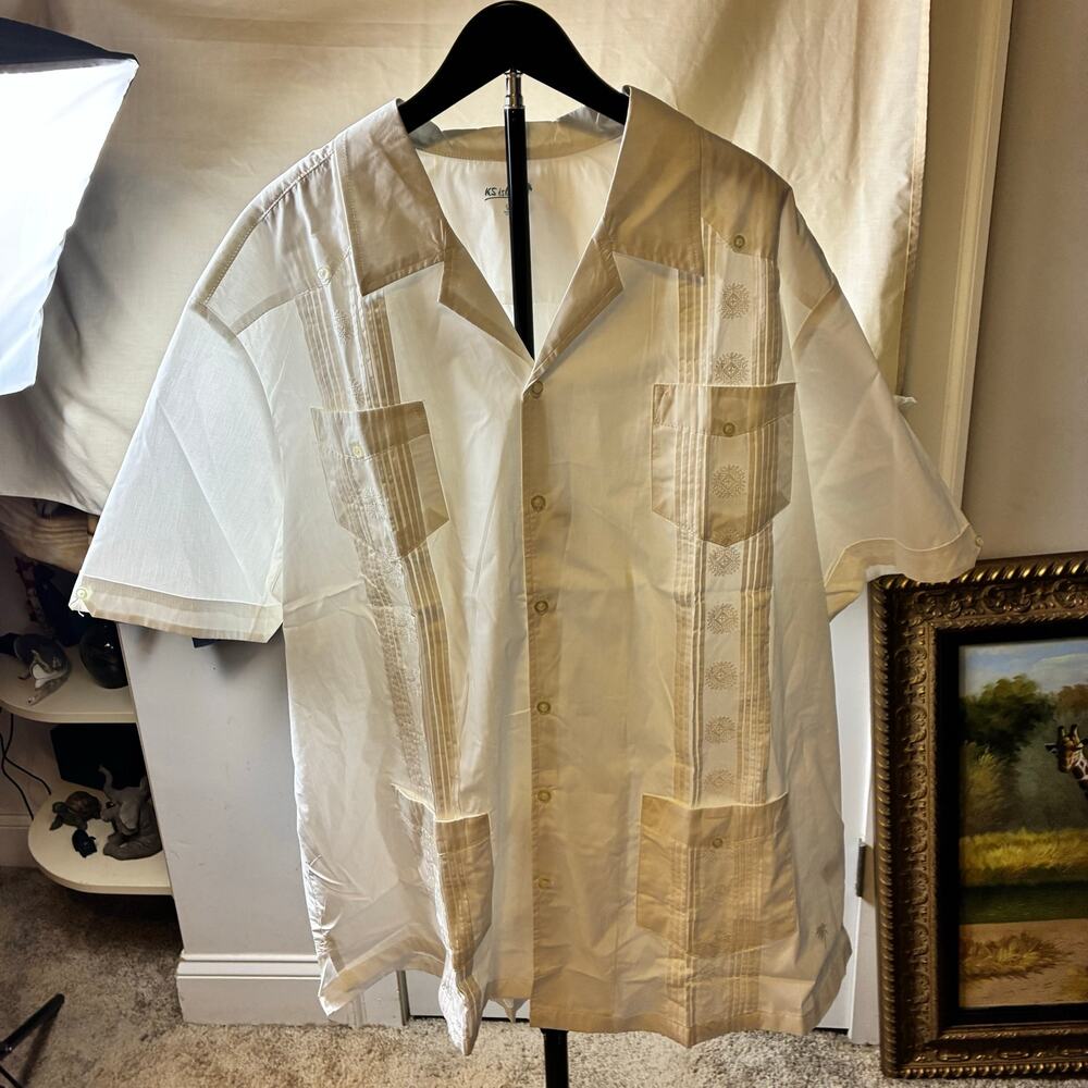 KS Island Men's 2XL White Guayabera Camp Shirt Embroidered Cuban Button Front